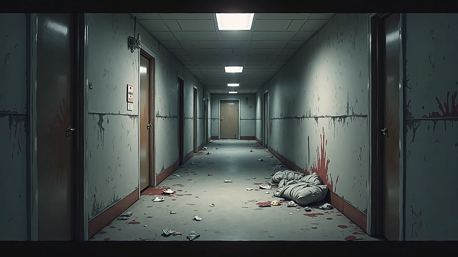 An abandoned hospital whose interior furniture is seen terribly broken walls and bloody stains on the walls