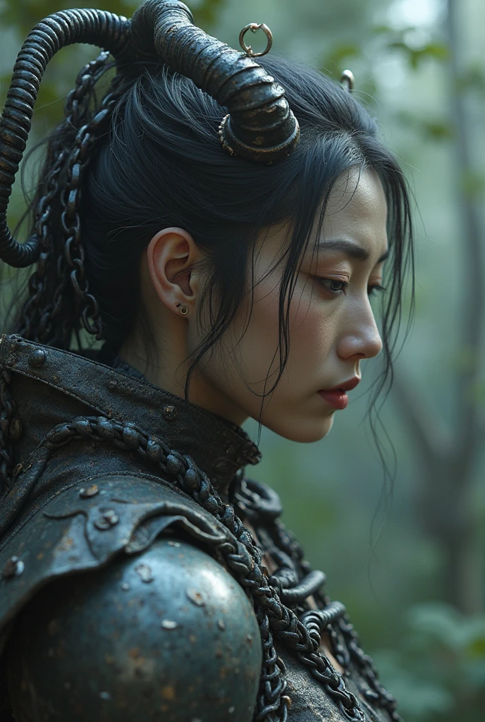 cinematic film still by Ridley Scott of a crazed insane cyber cyborg geisha witch girl painfully walking against a stream of cyber ninja assassins, runny makeup, glare, looking at the viewer, snarl, roar, frown, sick, dreadful, sinister, agressive, threatening haunted expression, morbid, inspired, intricate details, microdetailed symetry, dramatic backlighting