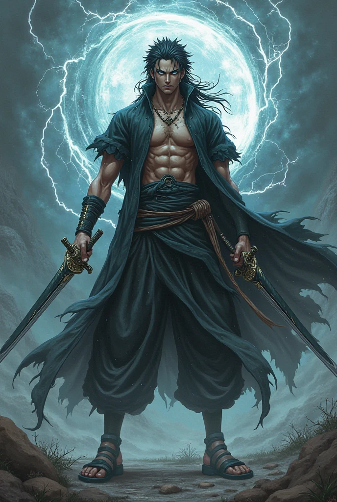 anime boy (dark fantasy) with blue dreads, green eyes, brown skin, black horns and a black cloak and white martial arts pants with blue chains around him as he holds a blue scythe (full body)