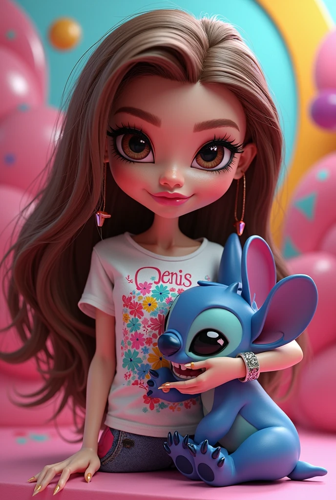 Doll in shorts and blouse holding Stitch and the letter B on her clothes
