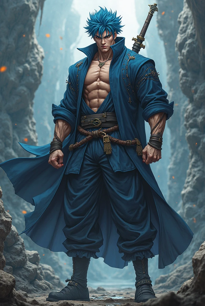 Aladdin, 20 years, cabello corto ????? dorado oscuro, cabello corto desordenado, ojos marrones oscuro, ropa de djinn, chaleco abierto sin mangas plata claro, light silver vest with blue Arabic print, light red arabic pants, Golden Belt, pulsera djinn con gemas plateadas , botas marrones, tatuajes morados fosforescentes, rodeado de fuego y humo morado, muscular build of the delegate, manos atadas con cadenas y pies rodeados de cadenas blancas, purple magic circles in each hand on a background of arabic ruins.