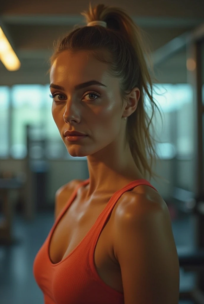 a European blonde wearing workout clothes whith a suggestive look, masterpiece, photorealistic, 8k, cinematic lighting, dramatic shadows, vivid colors, detailed skin texture, (realistic, photo-realistic:1.37), (best quality:1.2), extremely detailed face and body, beautiful eyes, lips, nose, detailed hair, dramatic atmosphere, cinematic composition, elegant and graceful