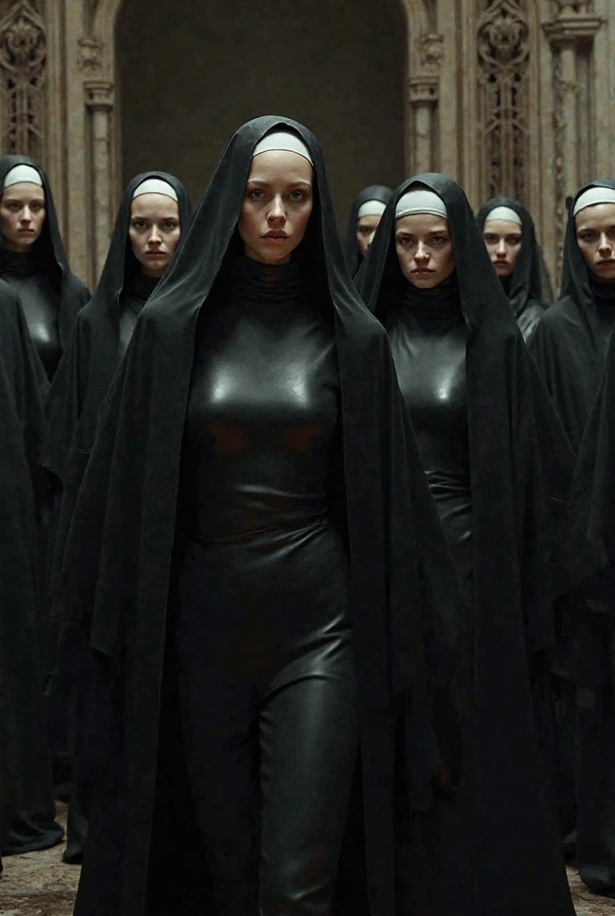 A mysterious female cult leader holds mass in front of masked followers in an underground facility、A woman with a bad personality and inferiority complex、smile、A woman who displays authority、Japan is becoming increasingly dog-eat-dog、black longcoat、Gold leather handbag、Black Leather Costume、((Old ruins)), Japanese women、A mysterious circular accessory、Detailed costume design、Black long coat、Crazy Face、美しいJapanese women、make、cold、Crazy Smile、((Pale white light)), Anatomically correct、far and near method