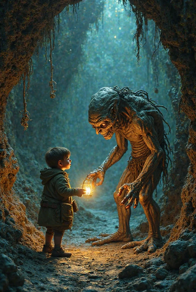 In the damp darkness of a basement, The narrator, a man with a restless look and a pale face, leans over an old wooden chest. his eyes, enlarged by emotion and fear, They scan the shadows that move on the stone walls. The trunk, covered in dust and cobwebs, seems to keep dark secrets. at your side,Rigoletto a hunchbacked person, a sinister figure, carefully examines a rusty key. His hump, that seems to deform his body, gives it a grotesque and menacing appearance. his eyes, sunk in the basins, They shine with a strange light, as if they were hiding some forbidden knowledge. The candle, that trembles precariously in a wrought iron candlestick, casts elongated and deformed shadows on the walls, accentuating the atmosphere of mystery and claustrophobia.

Key elements to consider for illustration:

Storyteller: A young man, delgado, with an air of tormented intellectuality. Your expression should reflect a mix of curiosity, fear and fascination.
Little hunchback: An imposing and menacing figure, with a pronounced hump that gives it an almost demonic appearance. his eyes deben ser pequeños y penetrantes, and his mouth, furrowed in a grimace of satisfaction.
Environment: A dark and damp basement, with stone walls and a dirt floor. The trunk debe ser el centro de atención, surrounded by old and dusty objects.
lightning: The candle debe ser la única fuente de luz, creating dramatic shadows and accentuating the atmosphere of mystery.
This description seeks to convey the tension and suspense of the scene., así como la compleja relación entre The narrator y el jorobadito.THE DRAWING OF THE CHARACTERS HAS TO BE CLASSICAL BECAUSE THE ILLUSTRATION IS FROM THE ERA OF MODERNIST LITERATURE,ANOTHER THING TO KEEP IN MIND IS THAT RIGOLETTO THE HUNCHBACK IS NOT A MONSTER, HE IS A PERSON