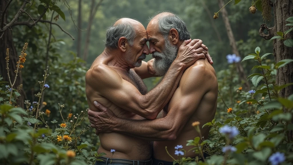 Gay couple of elderly Nicaraguan peasants kissing passionately