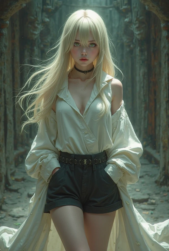 A real Vietnamese girl with long platinum hair wearing a closed shirt combined with a black and white thigh-high skirt,White skin, with a necklace containing magical energy around her neck and a green spider lily tattoo on the back of her left hand., Jet black eyes