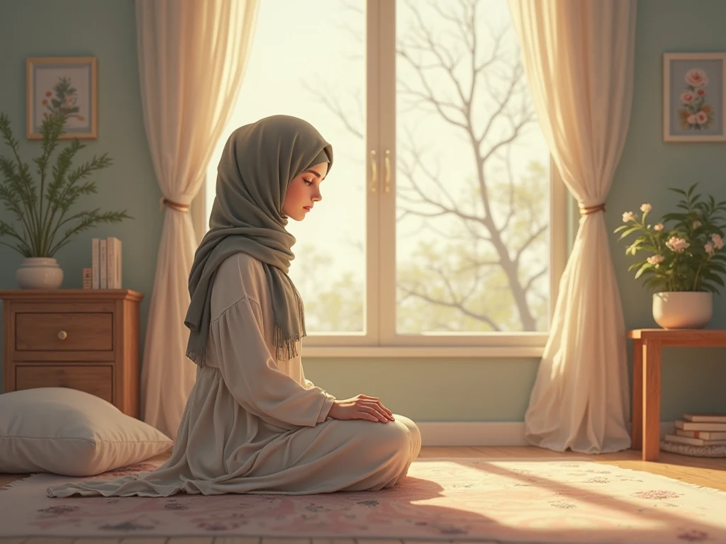 (photorealism:1.2), beautiful woman, sitting on bed wearing hijab , abaya, long hijab, indoors, soft lighting, plants in background, window with sunlight, cozy room, relaxed pose, realistic, intricate details, warm colors, by Greg Rutkowski, by Alphonse Mucha