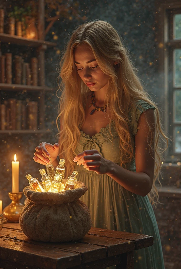 a transcendent beautiful girl holding the wonderful magical potion which gives eternal youth and beauty, the potion is brightly shining in a small antique bottle, the girl is neat and thoughtful, gentle and intelligent, pure and innocent, noble and elegant, mischievous and charming