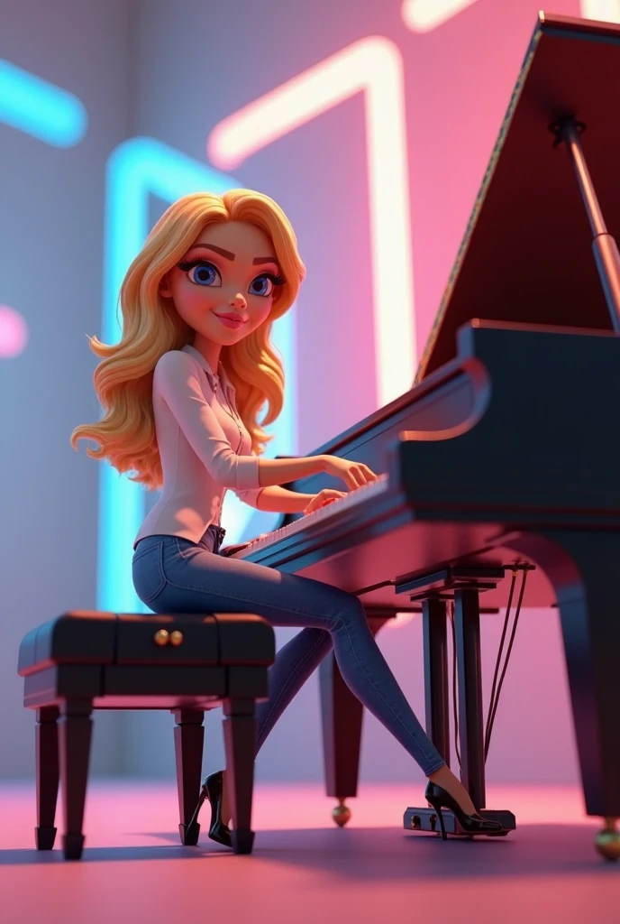 high resolution, best quality, masterpiece, very high image quality, ultra detailed, hyperrealistic, 3d, 1 woman, very beautiful woman, silver round glasses, beautiful blonde straight hair, singing a song, playing the piano, Richly decorated grand piano, microphone, live stage --auto --s2