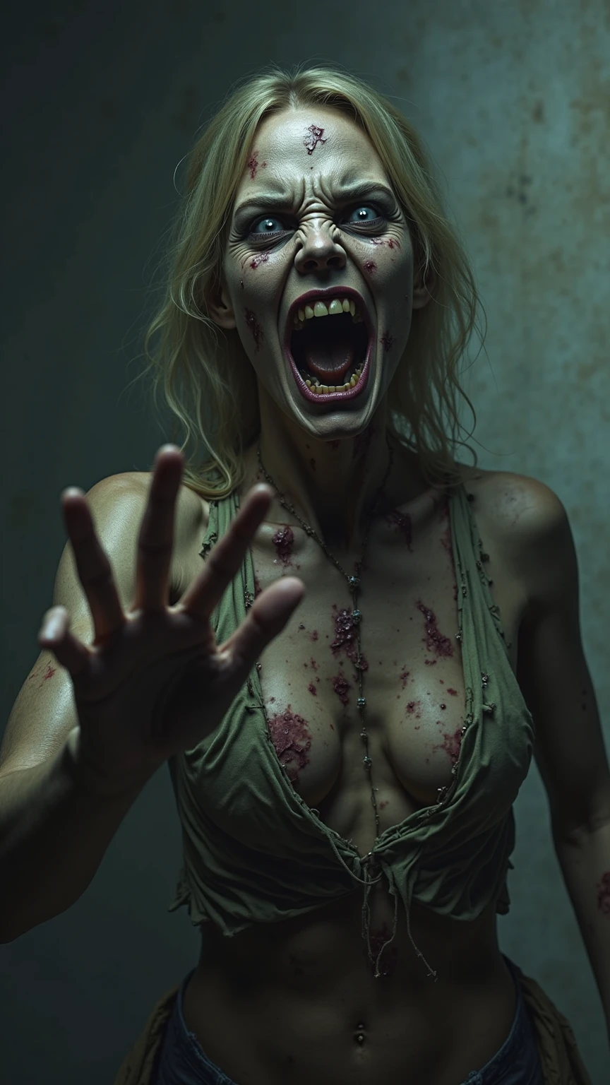 Masterpiece, best Quality, (ultra realistic portrait of WITCHL4D:1.75, zombie:1.55), (extremely detailed CG:1.2), (full upper nude:1.35, white hair:1.2, detailed ultra long shaped nail:1.55, roll her eyes back:1.3), (detailed face:1.2, detailed eyes), Sharp Focus, (lay down and open legs:1.3, in the abandoned hut:1.3), Cinematic poster, (ultra huge breasts:1.55, realistic nipples:1.15), (dark atmosphere:1.5), (overhead view:1.5), full body shot,