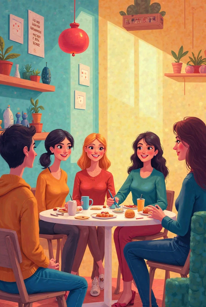 Create image of me and my friends. We are talking about something.We are girls
One friend is short and she have short hair looking blood
Iam a tall person and have long hair
Other friend is medium in height and wear hijab