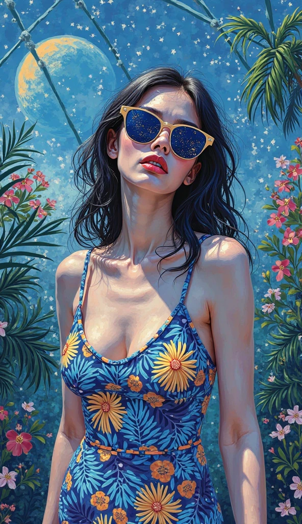 stunning realistic picture, masterpiece, high detail, small touches, positive and joyful tones, use natural color, chic (nude:0.7) girl - 25 years old, in a completely transparent white swimsuit, nude вся, standing on the beach under a palm tree, raw style art, characterized by bright and delicate colors, thick textured paint, intense black strokes, and affected parts ral-drptpl