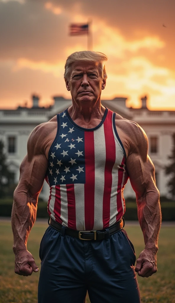 delicate,masterpiece, finely detailed, intricate details, extremely realistic, 1boy,muscular, <lora:D.Trump_v1:1>, topless, homelander, american flag, cityscape,