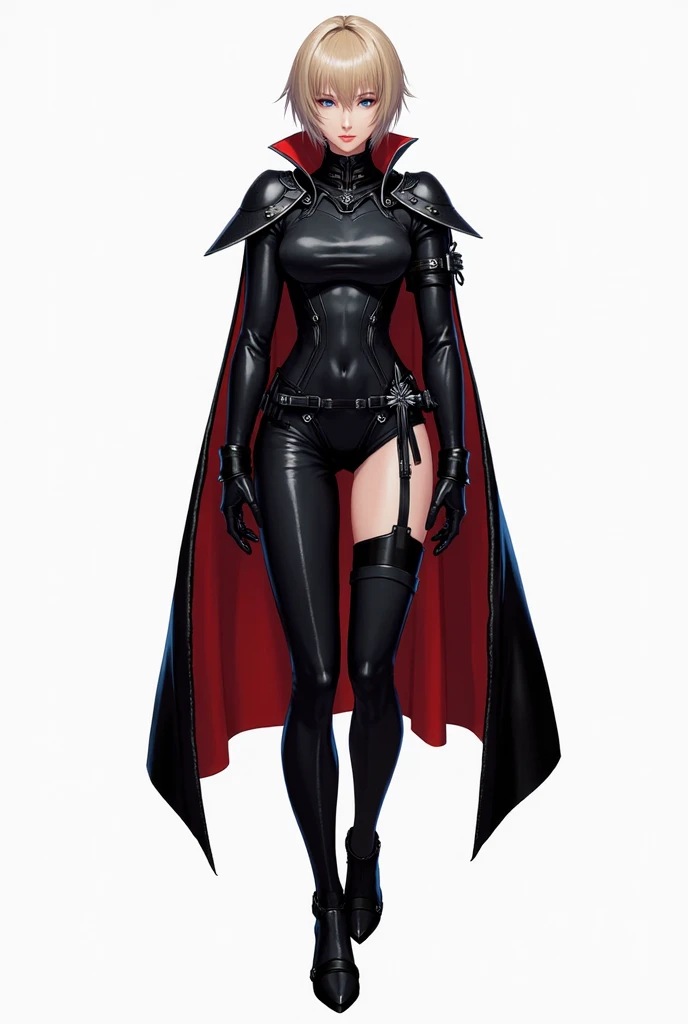 work of art, best qualityer, 1 girl, malice, blue colored eyes, 比基尼, red cloak, neckleace, whole body, black gloves, pelvic curtain, mask, へそ, ssmile, standing alone, spikes, thigh boots, High Heeled Boots, solid gray background