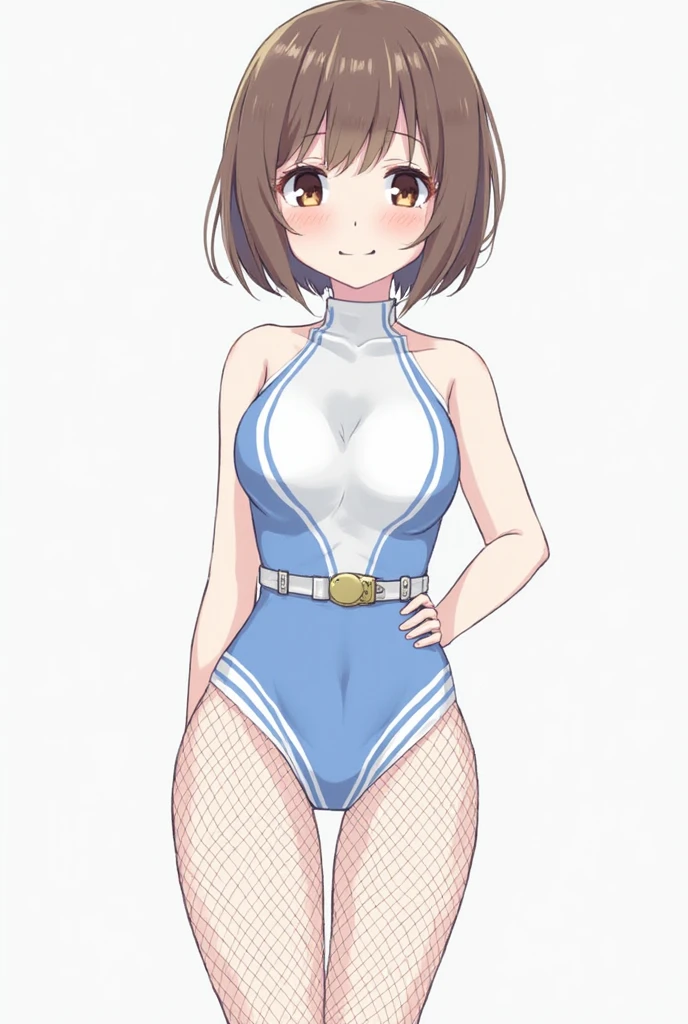 Masterpiece,solo, simple background,Watanabe you,blush, short_hair, blue_eyes, large_breasts, bare_shoulders, rabbit_ears, leotard, armor, bare_legs, strapless, detached_collar, flying_sweatdrops, armor_leotard, partially visible pussy , (groin:1.2)