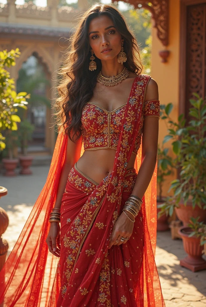 a beautiful white swedish girl, traditional indian clothes and makeup, 6 feet tall, long heels, fit figure, round bust slim waist thick hips, full body portrait, (best quality,8k,highres,masterpiece:1.2),ultra-detailed,(realistic,photorealistic,photo-realistic:1.37),intricate details, vivid colors, warm lighting, cinematic, dramatic lighting, fashion photography