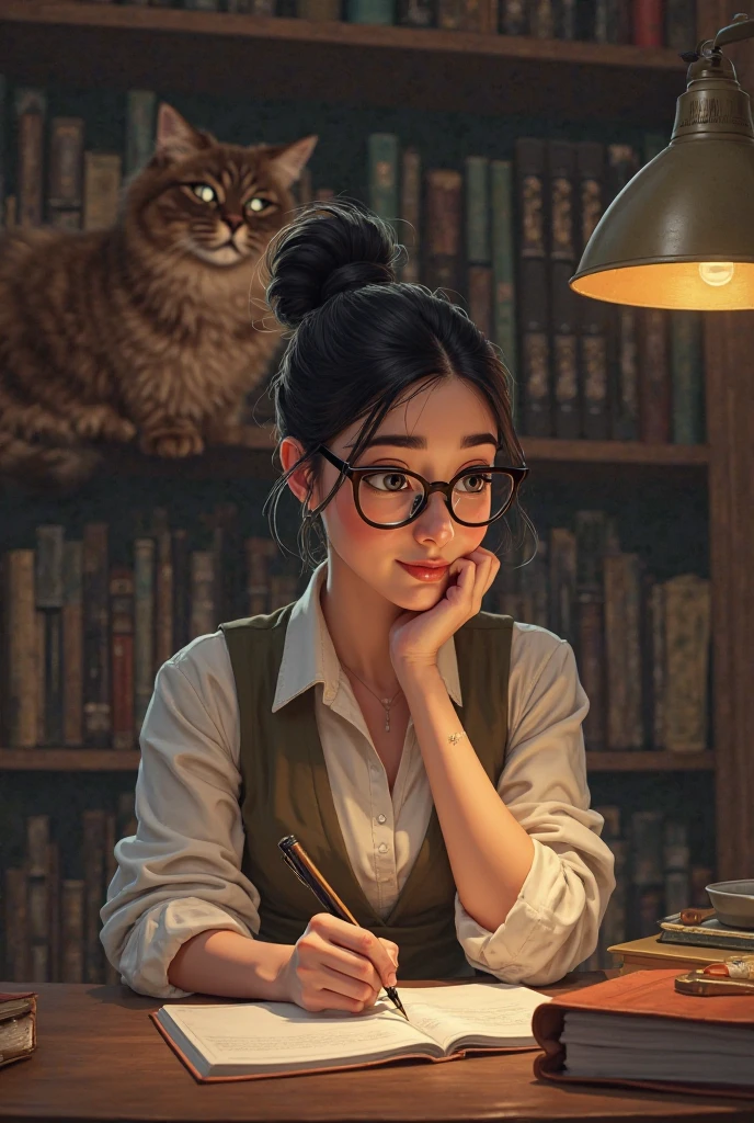 There is a woman sitting at the table with a cat and a book.., librarian, by Galen Dara, stunning digital illustration, Alena Aenami e Artgerm, the librarian, artista gráfica magali villeneuve, inspirado em magali villeneuve, magali villeneuve&#39;, cyril rolando and m.w kaluta