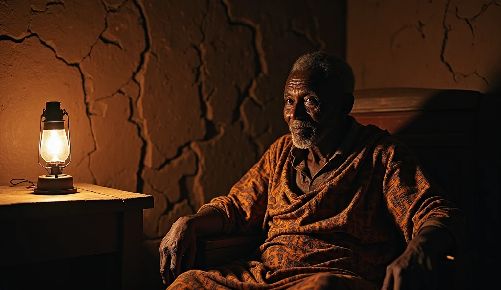 Homem africano, por volta dos 60 anos, com rosto marcado pelo tempo e com muitas rugas. His countenance is sad and looks sore. Wears white clothes and seed necklaces around her neck. He's sitting on a wooden stool. Diversas velas acesas.
