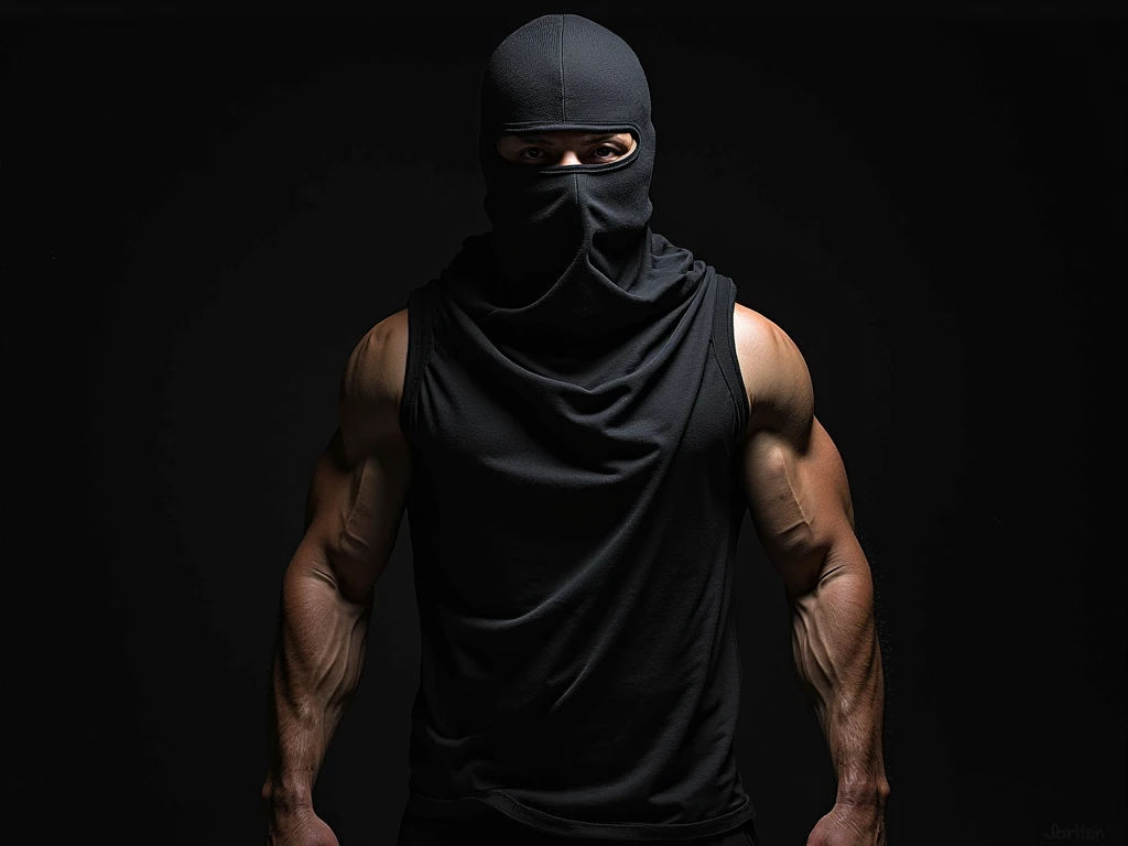 shirtless caucasian handsome thug with a ripped physique wearing a balaclava , dark alley , leaning against the wall in a seductive way , masculine , gostoso , bruta .