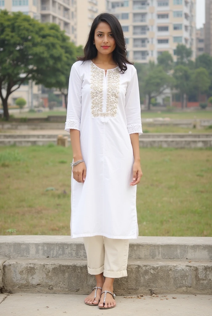 photo of trdi woman, outdoors, realistic skin texture, looking looking at camera, (Pants_kurta:1.2), white stucco background, black hair , ultrarealistic
