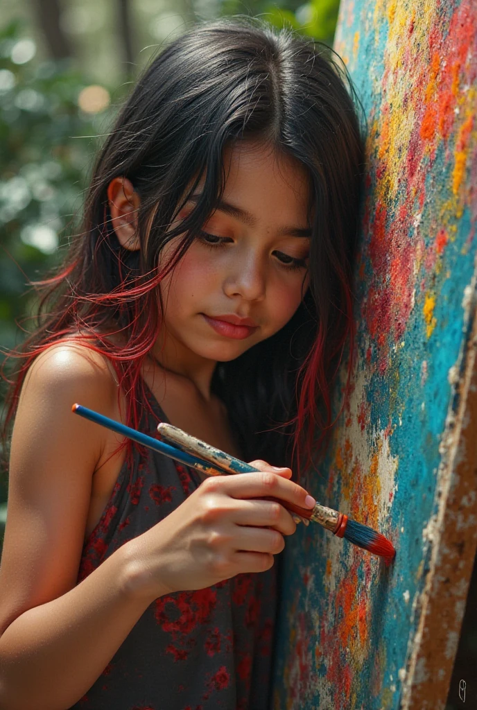 The little girl with an oriental face is painting a warm picture of a family