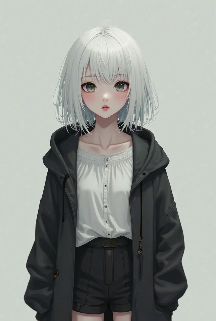 Girl with pale skin white hair cute face black eye color blouse half hoodie pink blouse and black shorts