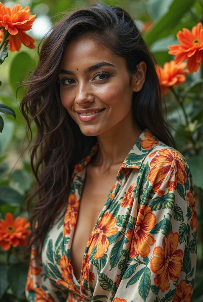 A Brazilian woman in a lush tropical garden, wearing an open shirt with a floral print, with a close-up capturing the harmonious beauty between her breasts and the natural flowers, showing off your natural charm and outgoing personality.