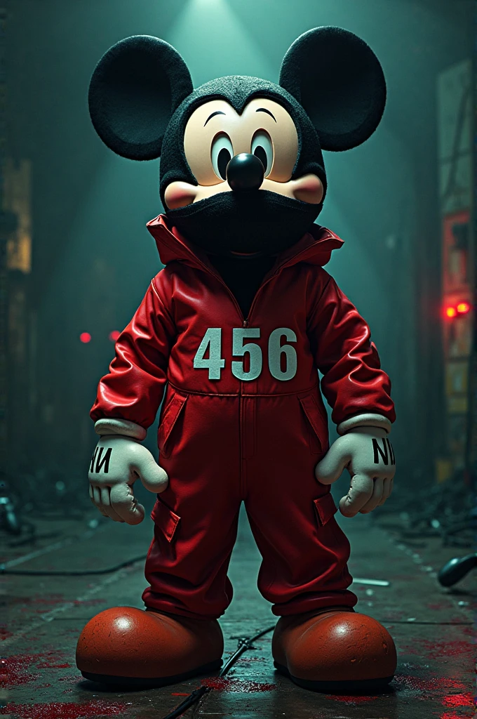 Mickey mouse, the famous Disney character, dressed in the red uniform of the participants of the "squid game". In the picture, Mickey has a black mask, with the number 456 on his , representing a contestant from the sinister game. the background is dark , with dim lights and a tense environment, similar to the one in the series, while Mickey maintains a decisive and slightly bewildered attitude, as if he were trapped in a dangerous situation, but maintaining his characteristic mischievous style.