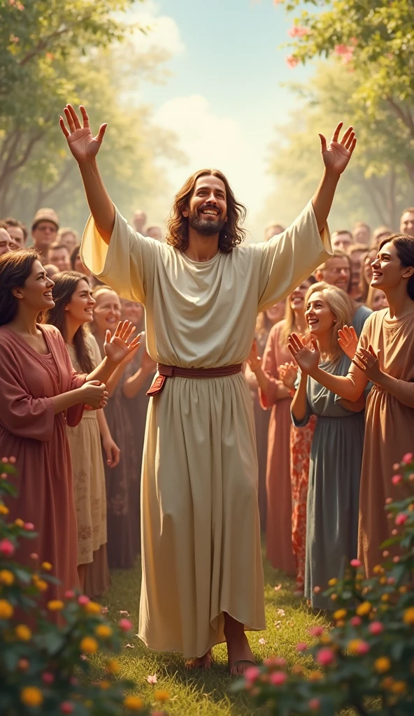 A vibrant scene showing a crowd of people of different ages and ethnicities, all with smiles on their faces, confidently walking behind Jesus. Jesus before the crowd preaching and teaching with great enthusiasm;
.