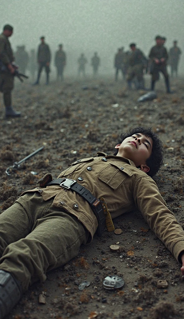 "A fallen drummer boy lying on the ground, his drum broken beside him, reflecting the human cost of war."