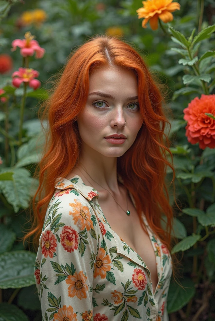 A Brazilian redhead woman in a lush tropical garden, wearing an open shirt with a floral print, with a close-up capturing the harmonious beauty between her breasts and the natural flowers, showing off your natural charm and outgoing personality.