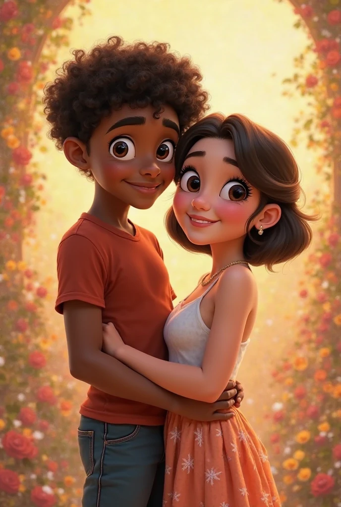 Animated couple of boyfriends, the woman of complexion , long black curly hair with bangs, little big brown eyes, small nose, small mouth, and the light-skinned man, straight brown hair, small eyes, smiling mouth and slightly large nose