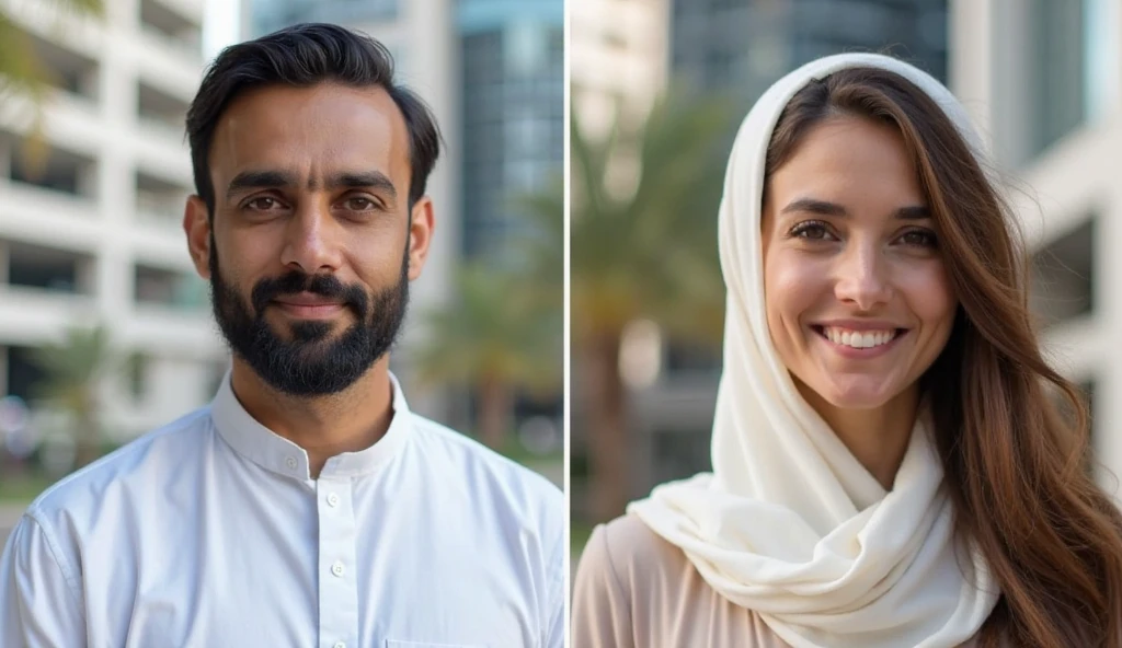 two pakistani women with a pakistani man, man standing in middle wearing suit and has a well groomed beard and stylish hair and one woman standing on right with hijab and has pale white skin and second woman standing on left with a pakistani dress with no hijab has pale white skin, all smiling, picture taken by iphone pro 15 camera, all extremely beautiful, 