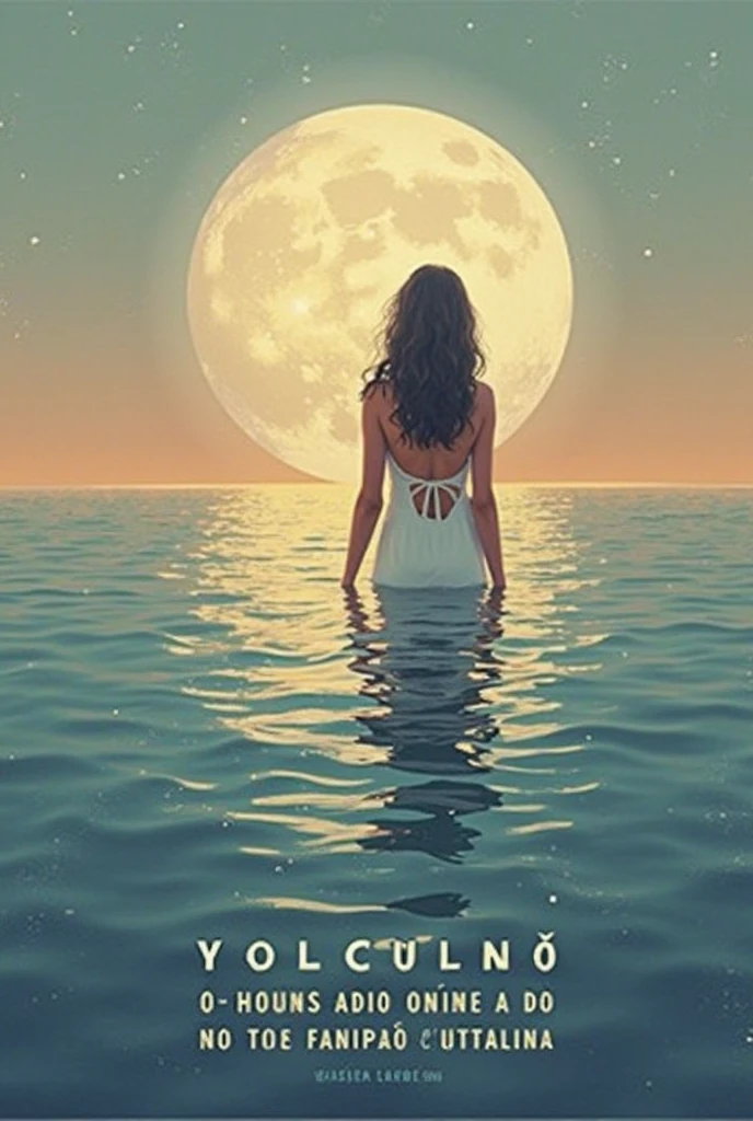 lost trace, sea, naked model long black hair tall beautiful in the distance walking on the ocean moonlight path, full moon rising very low the horizon, huge yellow moon halfway rising above the horizon of the ocean. woman is centered in the image walking towards the moon which is also centered on the image. She leaves behind a glowing path in water bioluminescent. black water. black sky and stars and galaxies behind the moon.