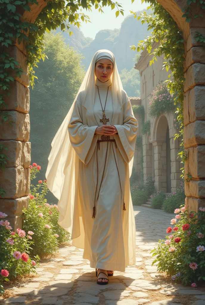 a beautiful woman in a long flowing dress as if she were a nun, standing in a central place amidst very tall imposing trees, with a ray of sunlight shining down on her, (best quality,8k,highres,masterpiece:1.2),ultra-detailed,(realistic,photorealistic,photo-realistic:1.37),(portrait,chiaroscuro,dramatic lighting),dramatic lighting,detailed facial features,detailed hands and dress,intricate details in the trees,lush foliage,dramatic shadows,warm golden sunlight,rich colors,cinematic composition