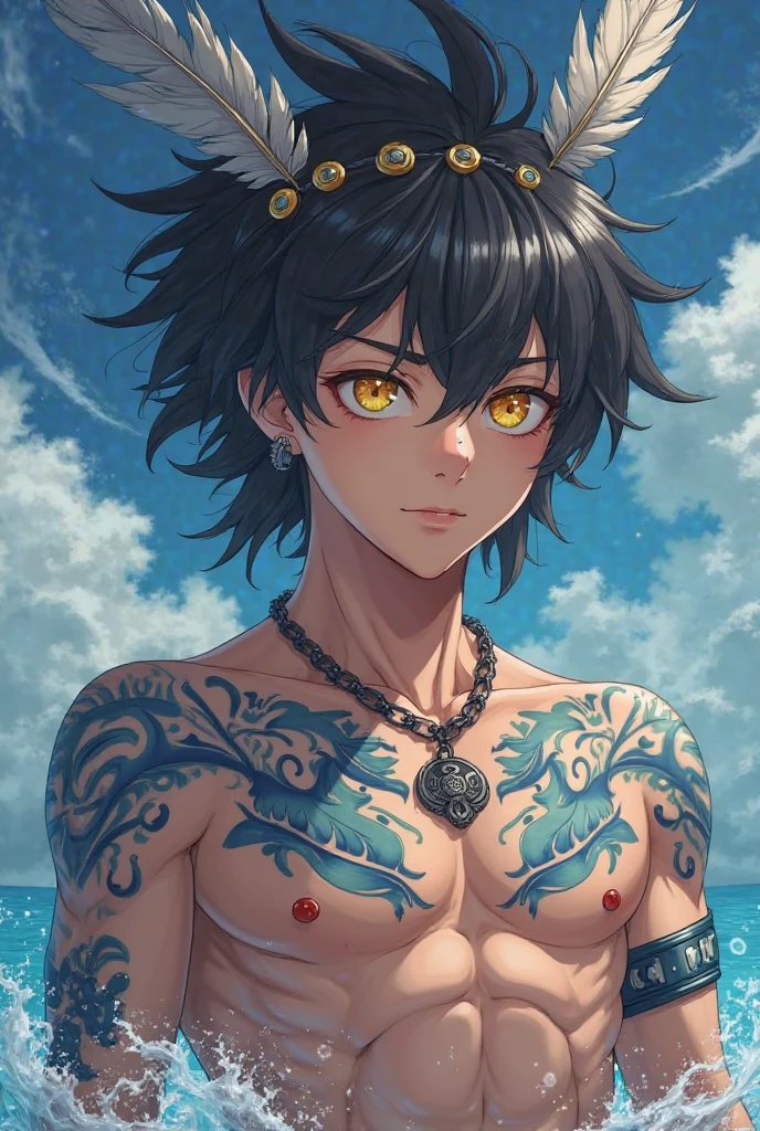 young naked woman, tattooed arms, tattooed body, tattoos with rings instead of clothes, Maori tattoos all over the body, short hair, Brown hair, orange eyes, mischievous grin, Black skin, on the beach, sunset, 4K