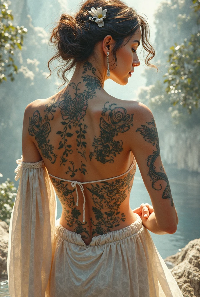 A lovely woman, kneeling with her back to the viewer, delicate flowers tattooed on her bare back, professional photography, high quality, detailed, photorealistic, soft natural lighting, warm color palette, serene atmosphere, intricate tattoo details, graceful pose, beautiful skin tones, cinematic composition, dramatic shadows, depth of field (safe for work)