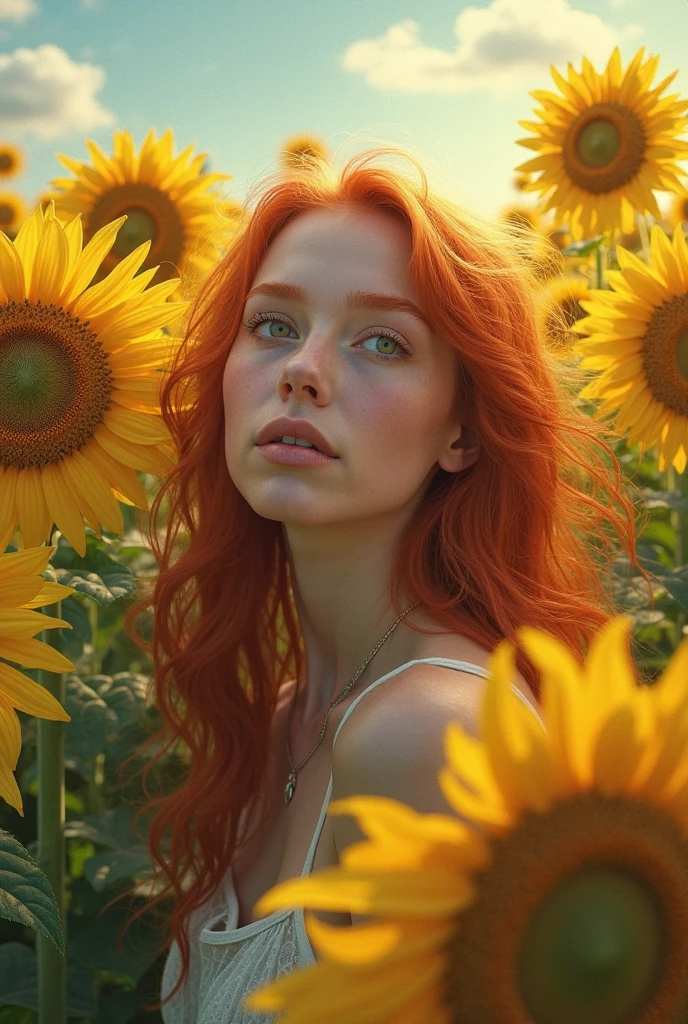 A beautiful redheaded woman, detailed facial features, 30 years old, lying in a field of sunflowers, bright sun in the sky, summer, golden hour, sunlight filtering through leaves, ultra-detailed, 4k, photorealistic, vibrant colors, natural lighting, dramatic shadows, peaceful, serene, portrait
