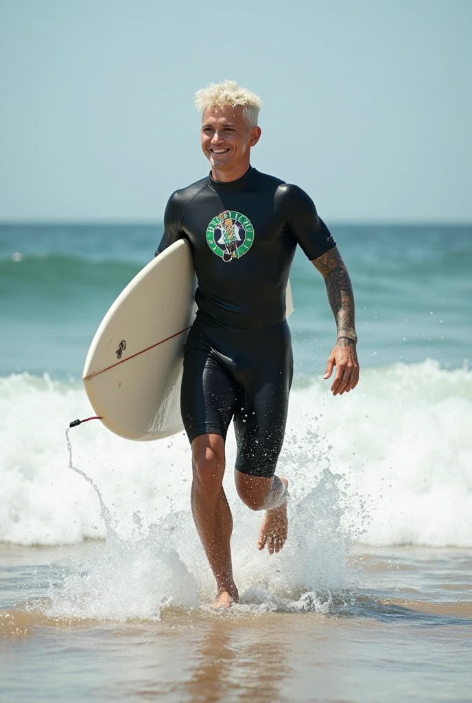 smiling man wears a swimsuit without a shirt, has tattoos on his chest, holds a surfboard by the sea, natural side light, blue tones, boken style, style of ultrafine detail, high quality photo, medium close up --ar 3:2 --v 5