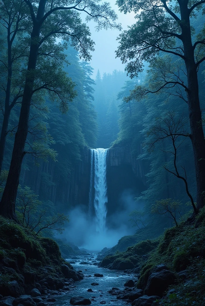 Dark blue forest,trees,water fall,cinematic lighting,dramatic shadows ...