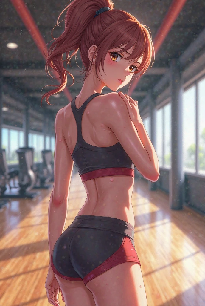 1girl, cowboy shot, medium hair, bangs, strawberry blonde hair, grey eyes, dark skin, makeup, athletic, performing workout in front of cell phone, large breasts, red sports bra, black sports leggings, background gym