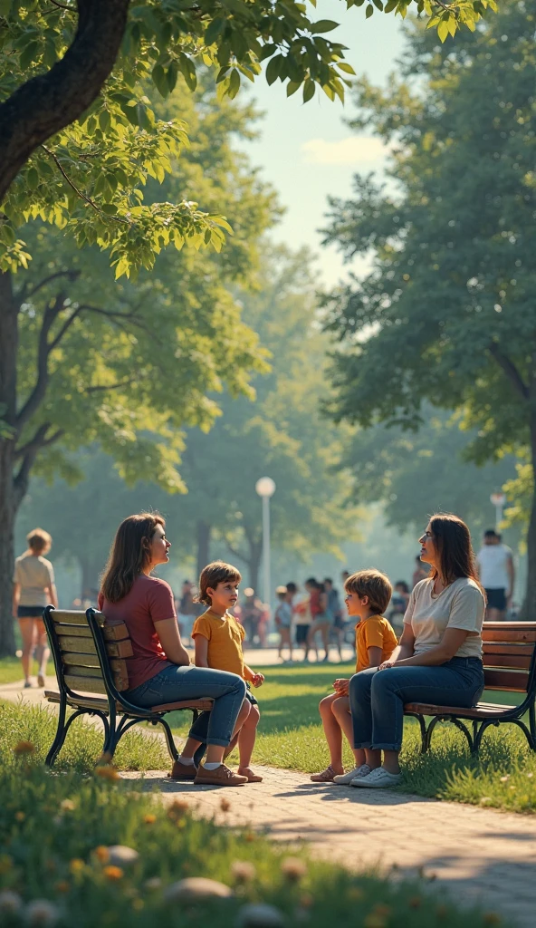 Two children sitting in a square with their parents, escuchando la charla de los padres. full hf