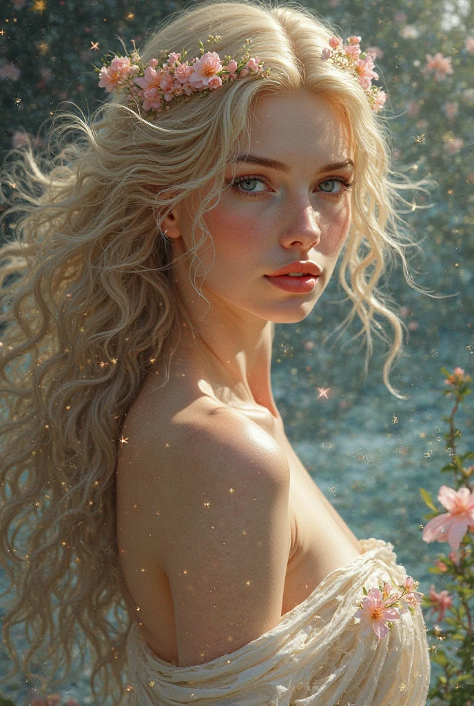 Gorgeous sexy beautiful realistic woman with freckly breasts, ripped wet jeans, underwater in her thirties on field with cotton and roses, with freckles and blonde curls and skindetails during golden hour, skin with beautiful nostalgic mood and freckles with emotive face with wet skin and petals falling and dandelion seeds flying and dramatic light play --auto --s2