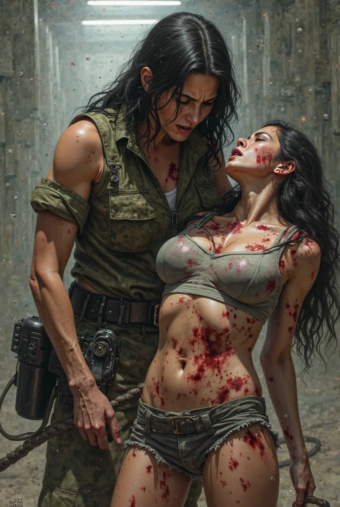 female warrior kills male, female has big breasts, female exposes belly, female taller than male, slaughter, war, killer, swords with blood, female is spattered by blood of male, female raises a head of male dead body, female warrior cuts off male head, males dead body