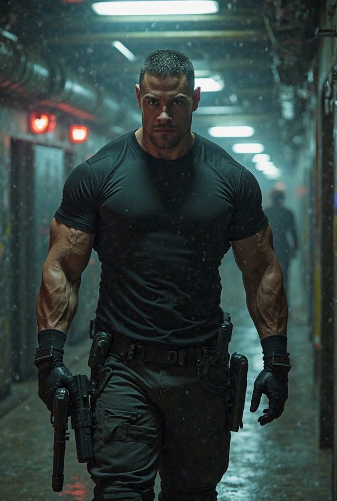(raw photo, best quality) , (Realistic, photo-realistic: 1.4), extremely formidable overall plan, masterpiece, ultra-detailed, high resolution, best illustration, best shadow, complex, depth of field, war, combat, 1 man, he is athletic, he has short hair, his look is serious, he wears a black tank top, blue jeans, ranger boots, he has two guns (UZI) he holds one in each hand, 2 submachine gun (UZI automatic) large magazine and laser sight (Large magazine fitted in both pistols) (UZI automatic very detailed), he is facing us, and he aims his pistol, he points his pistols in front of him, he is in a run-down corridor, in front of the man there is a bloody  riddled with bullets (blood) (Corpse) (Gunshot wounds on the corpse), 8k style photorealist, DSLR, high quality, (film grain: 1.4), Fujifilm XT3,