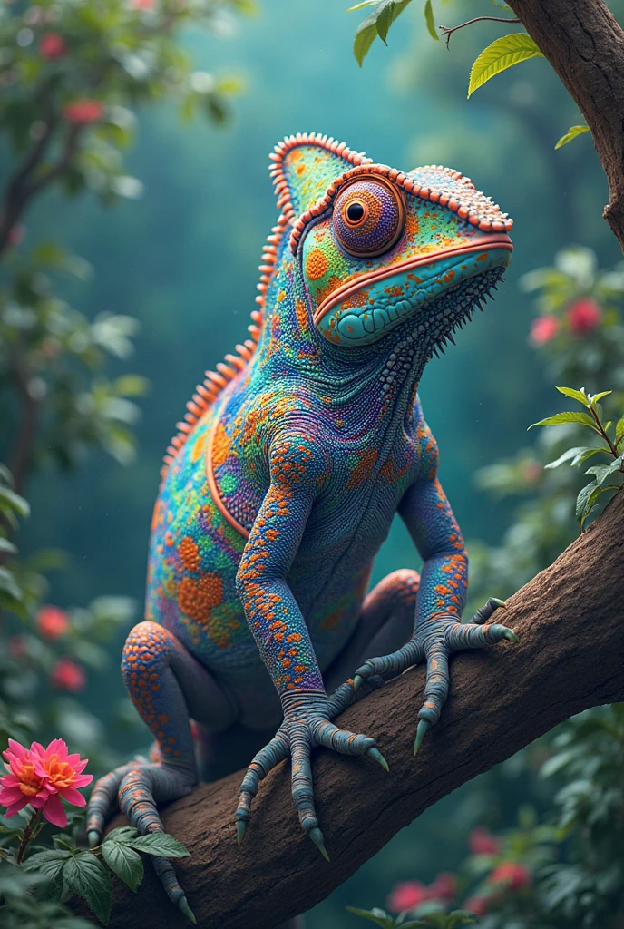 Shallow depth of field, sharp focus, best qualityer, colorful chameleon, Amazon rainforest