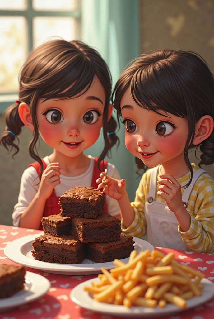 Crie uma imagem com cabelo preto comendo brigadeiro e uma menina comendo um brownie com uma cozinheira ruiva entregando