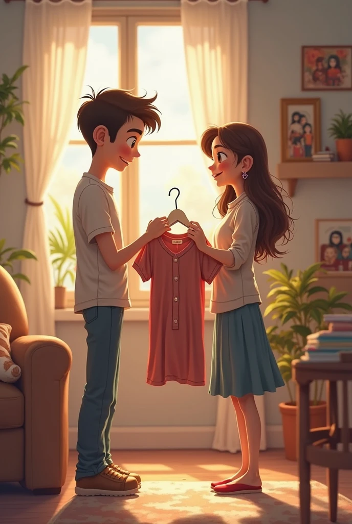 A LADY GIVING A SHIRT TO AN ANIMATED MAN