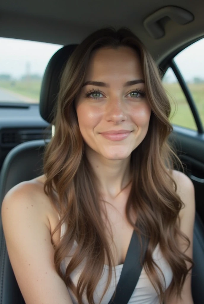 braune Frau mit braunen Augen, kein modell, Smiling, selfie  porsche, luxus, fit, schulterlanges braune haare, braune haare braune augen, Keine Nahaufnahme, lange braune Haare und braune Augen, ohne Augenbrauen