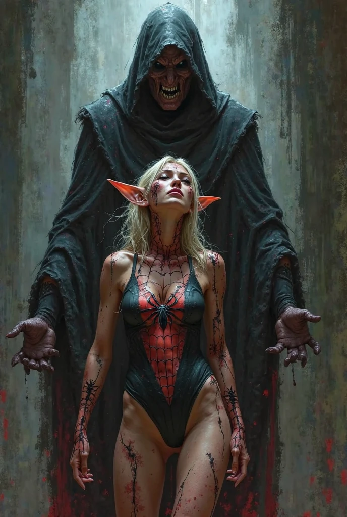 a spider girl looms over a man caught in her web. the girl is an arachne, drider, or arachnid taur. she has a human head, arms and body attached to the front of the body and legs of a giant black spider. her human section  has long white hair, unnaturally pale white skin, and small red circular facial masks in a regular pattern. her fangs are visible as she grins cruelly at her prey. she is topless, showing well formed, moderate sized breasts and fair abs,

beneath her, the man is trapped in her web, hanging upside down in a cocoon of spider silk. think bands of spider silk bind his legs together. his arms are trapped behind his back, and another band of spider silk wraps over his mouth, gagging him. his wide open eyes shoes that he is terrified.